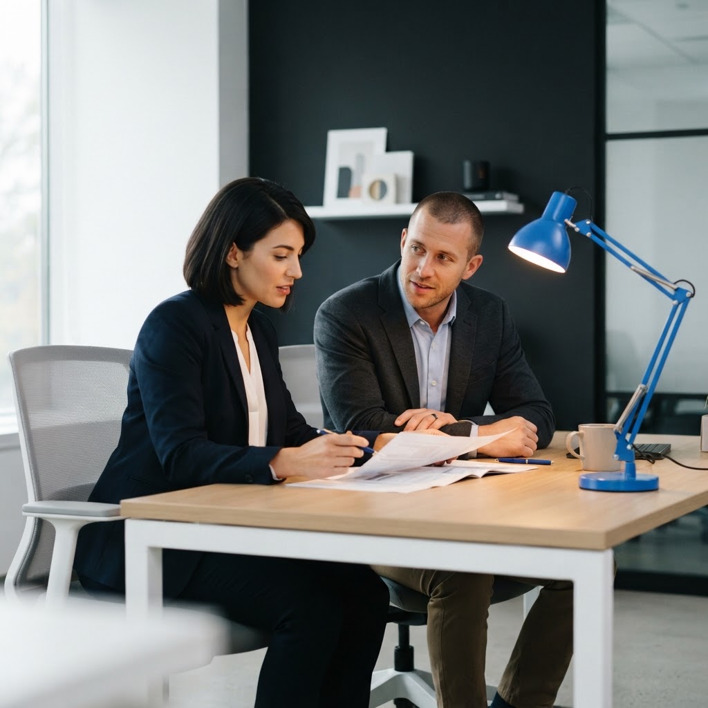 Two professionals collaborating in a clean office environment