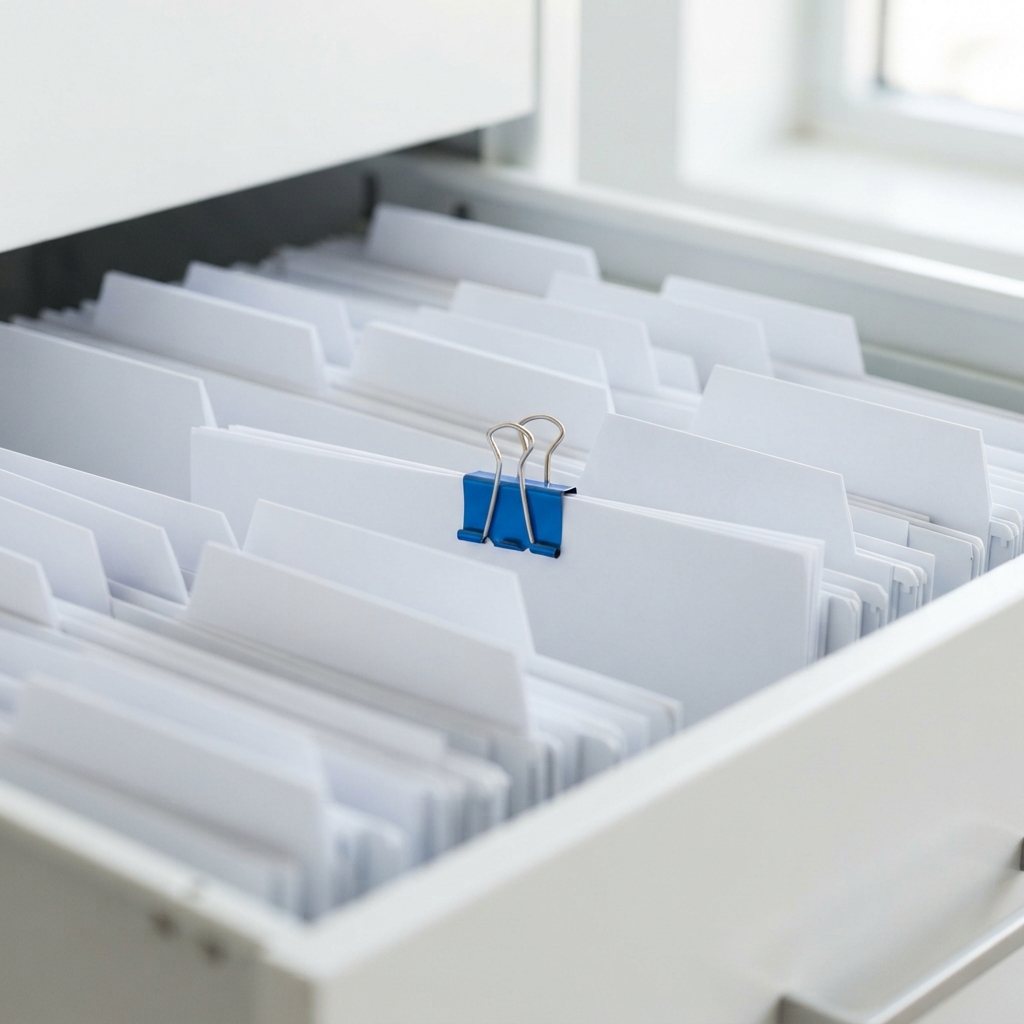 Organized physical file system with blue clip