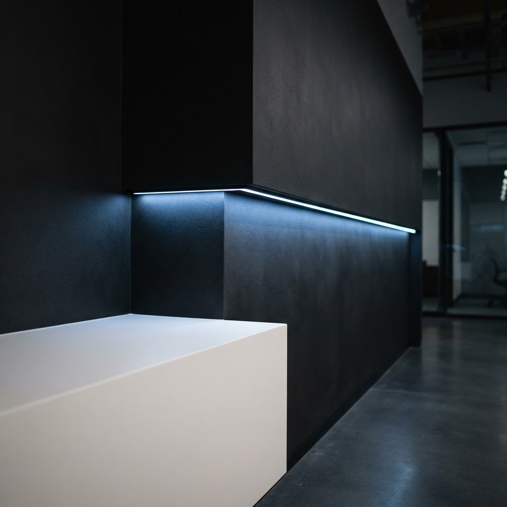 Architectural wall detail with electric blue light strip