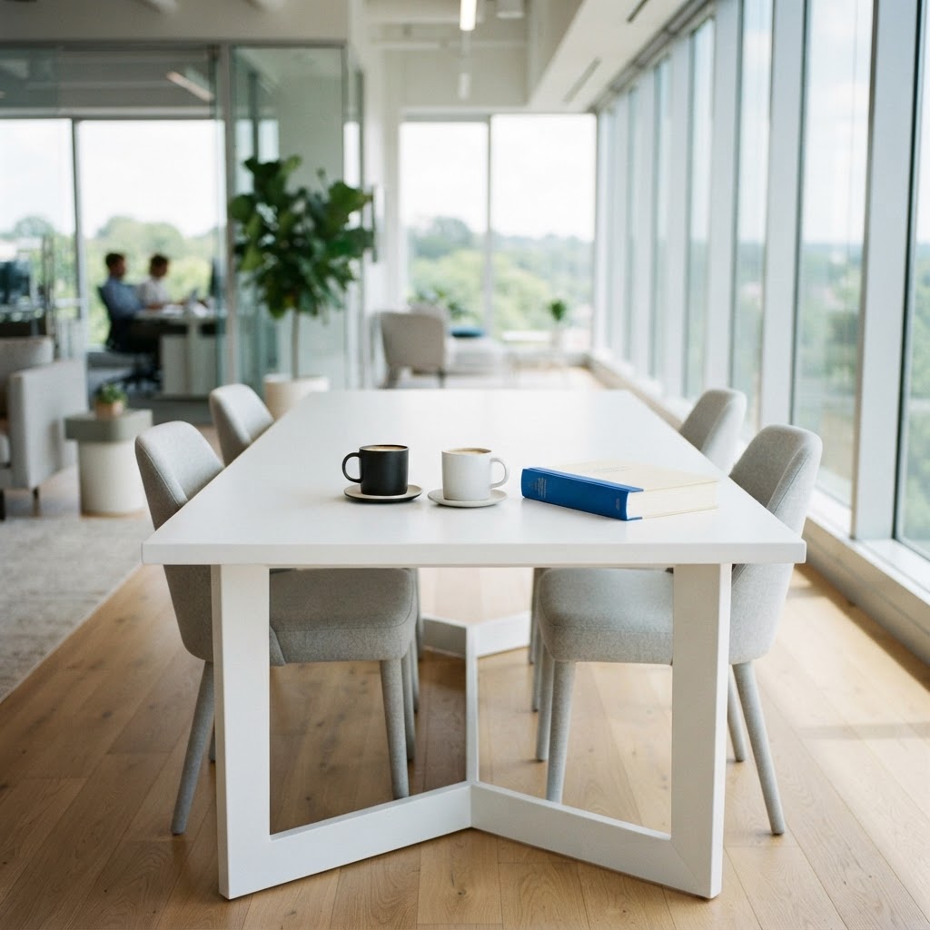 Coffee mugs and a bound report on a white table