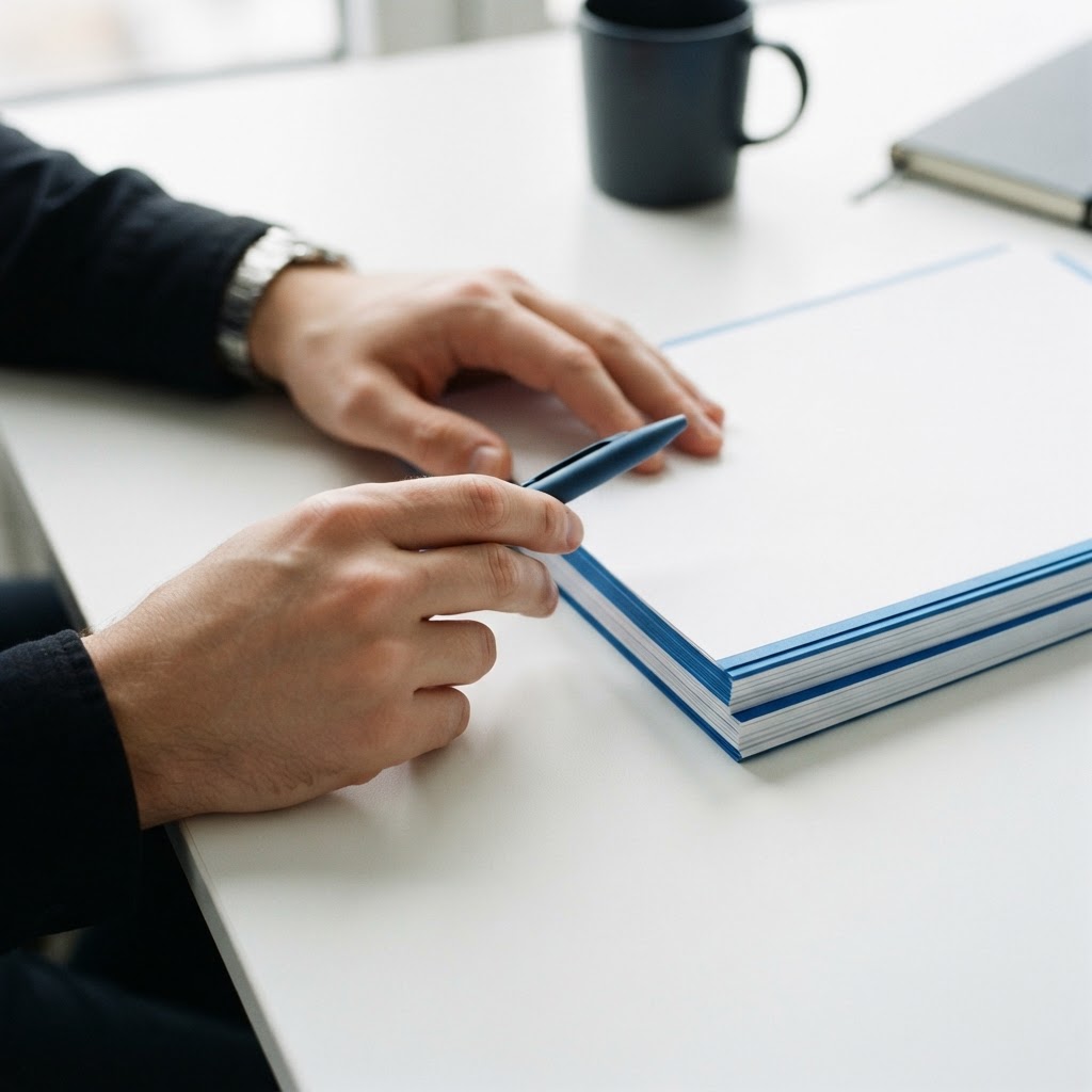 Professional hands and documents on a clean white desk