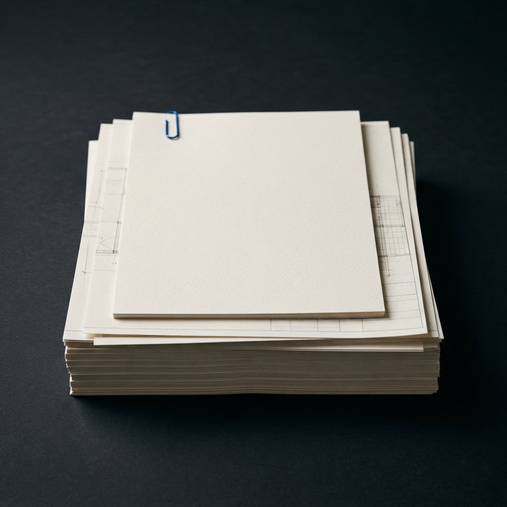Document stack with a blue paperclip on a dark surface