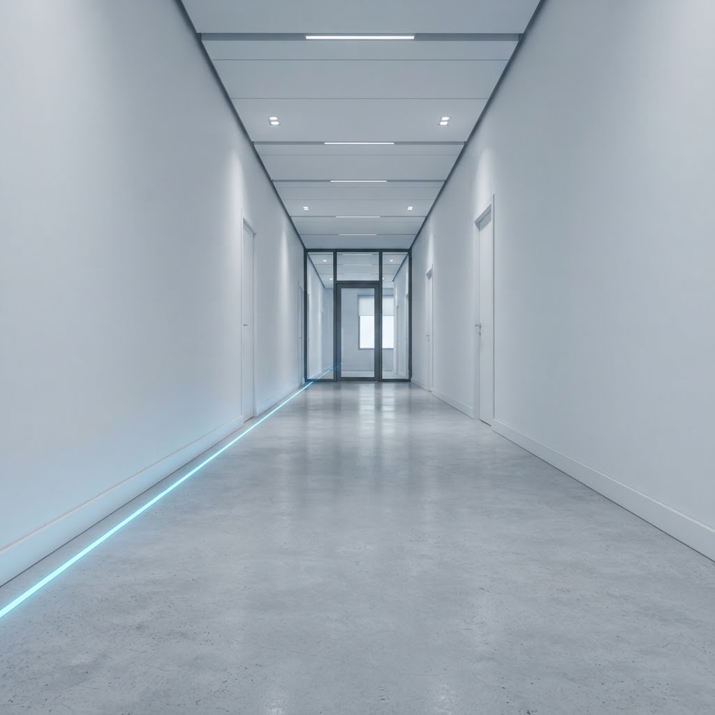 Minimalist modern corridor with a blue floor accent