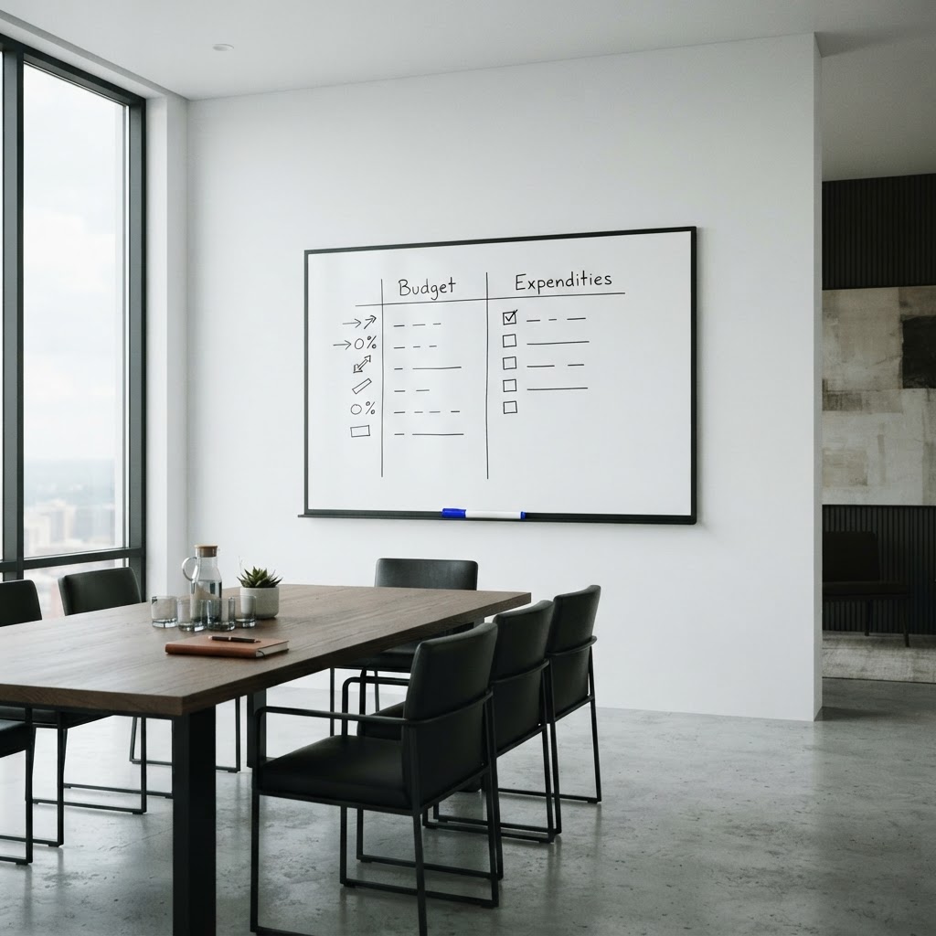 Empty whiteboard prepared for budget strategy session