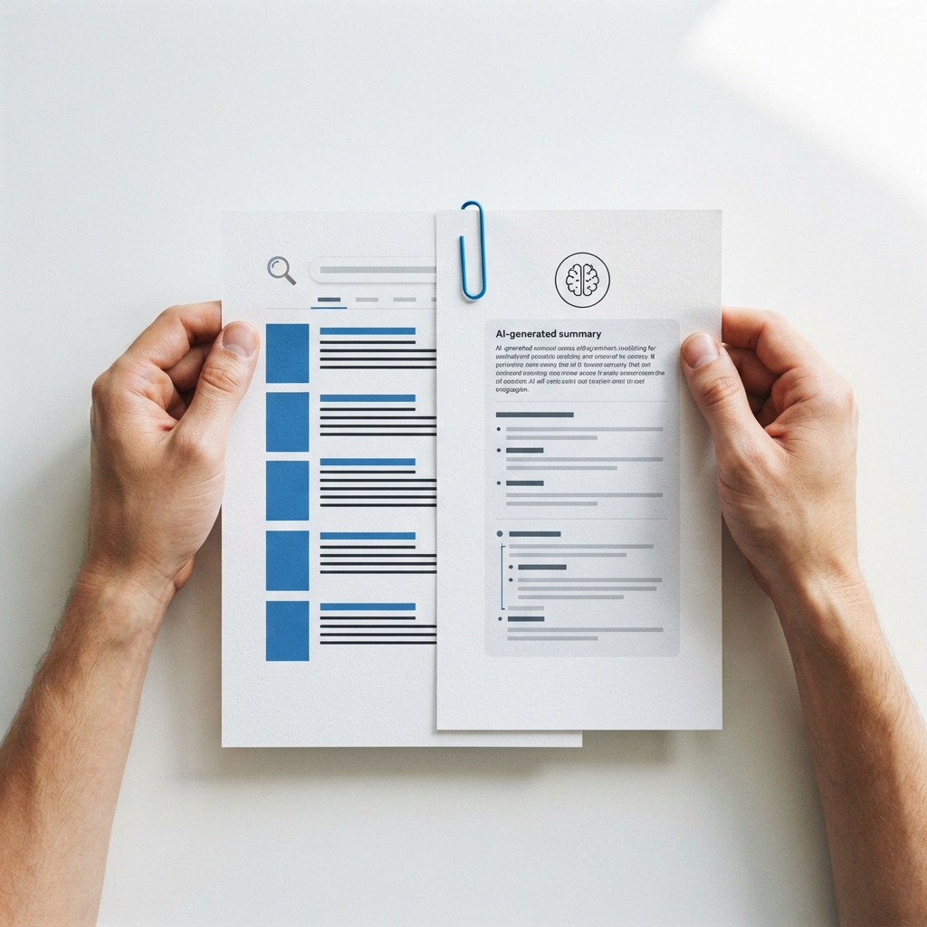 Hands comparing search results and AI answer documents