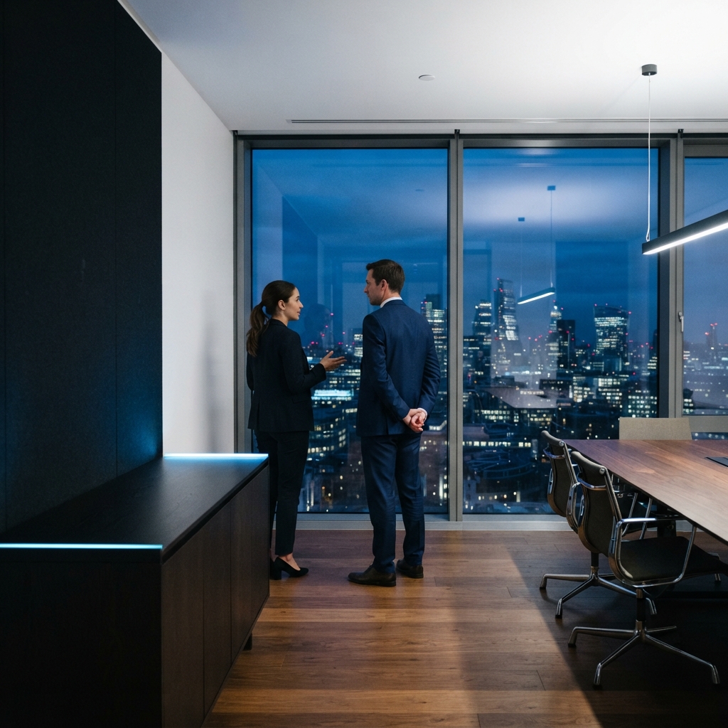Two professionals discussing strategy in a modern office