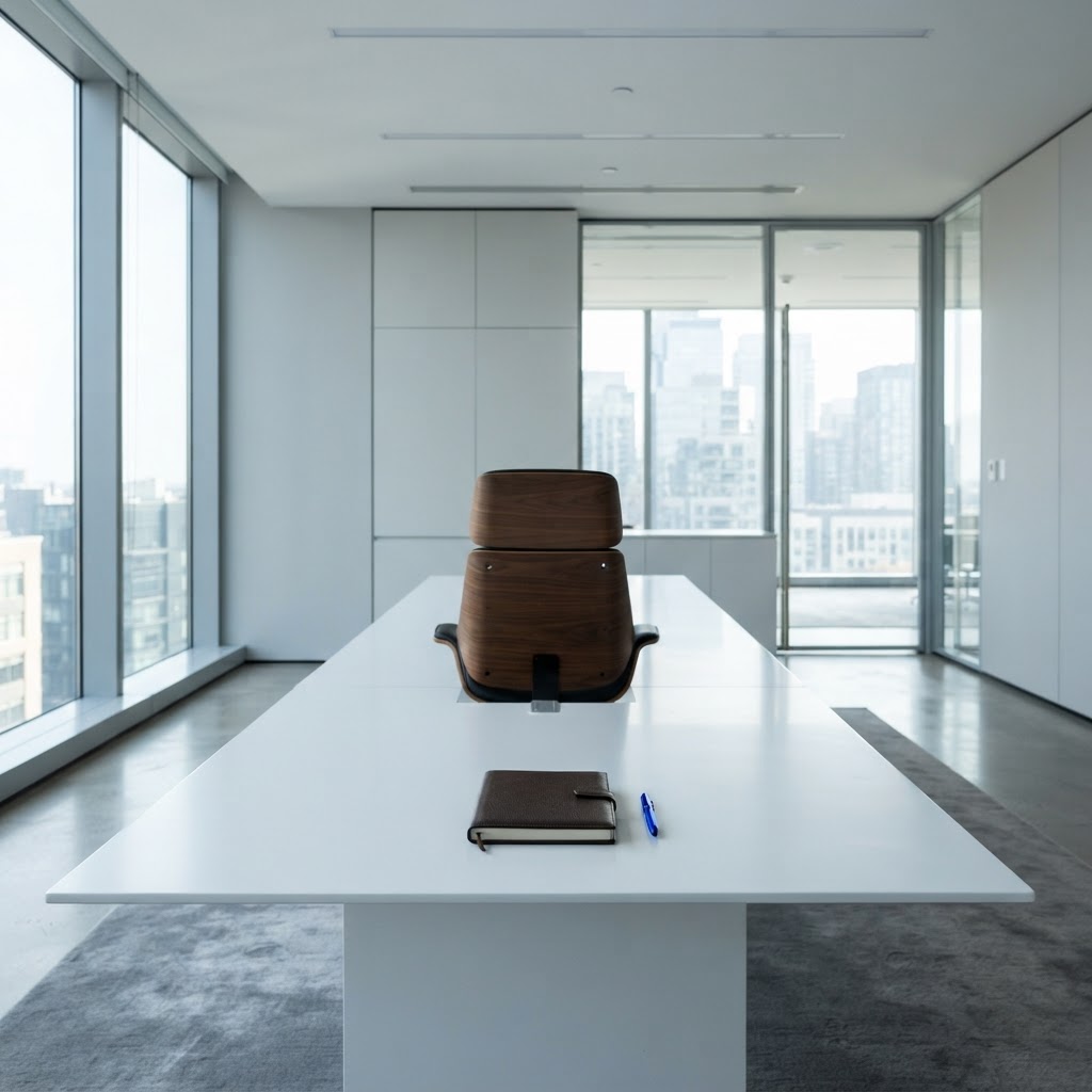Empty boardroom table with a notebook and blue pen