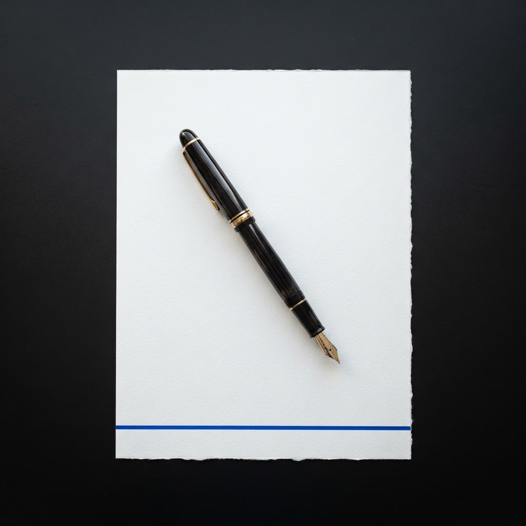 Fountain pen on a document with blue accent