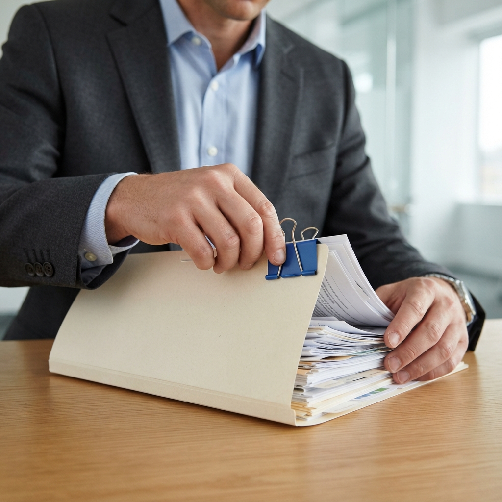 Professional hands organizing clean paper files