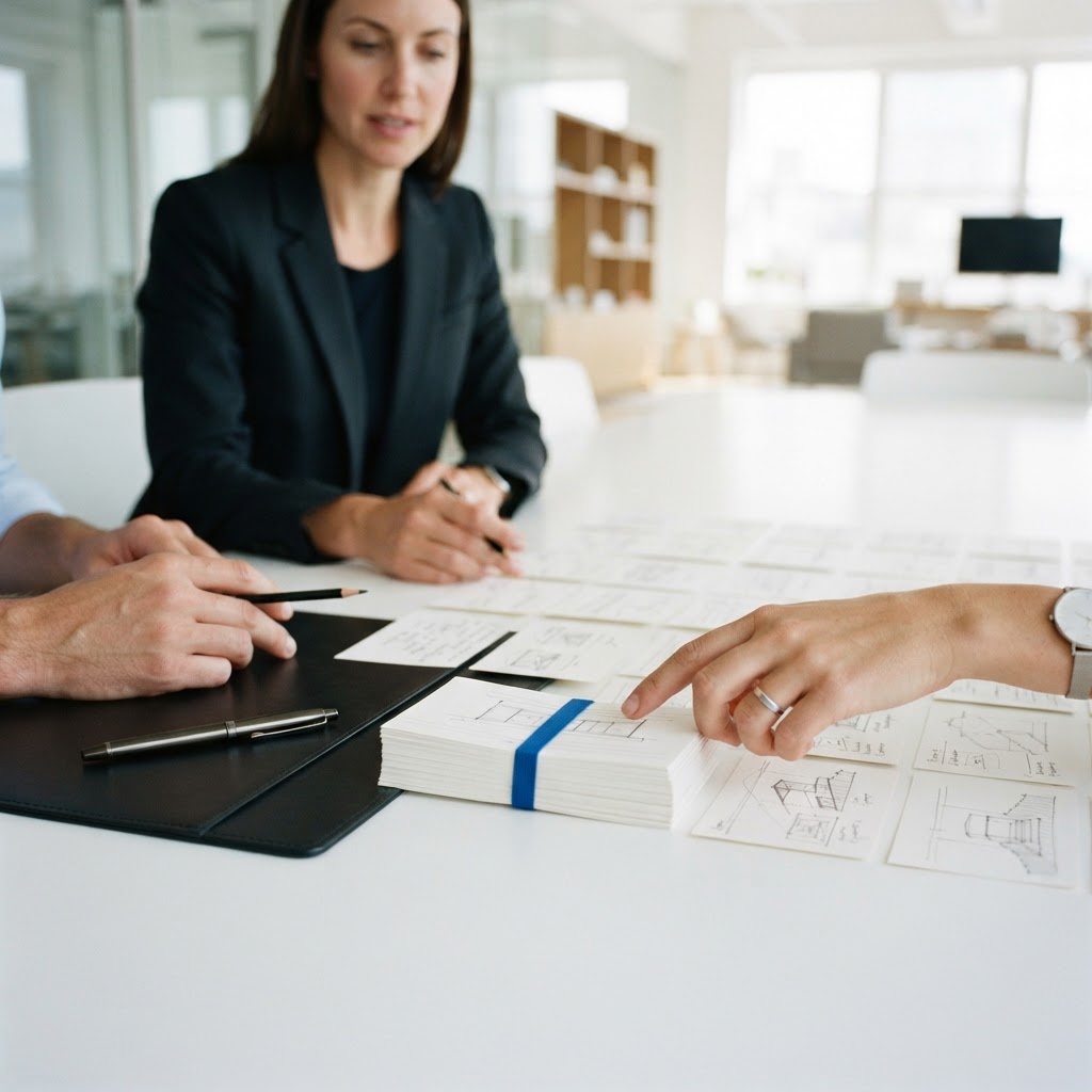 Hands arranging strategy notes on a desk