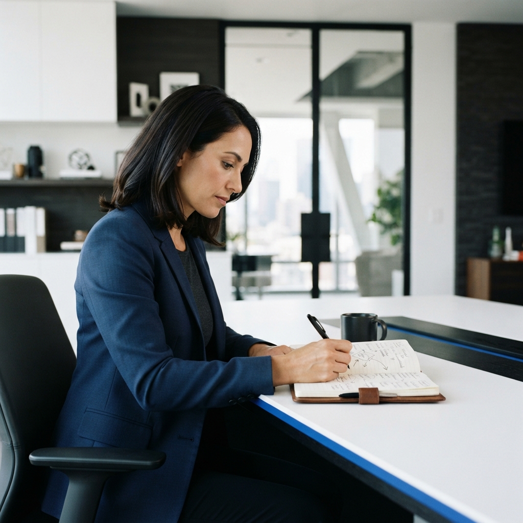 B2B executive reviewing marketing strategy in modern office