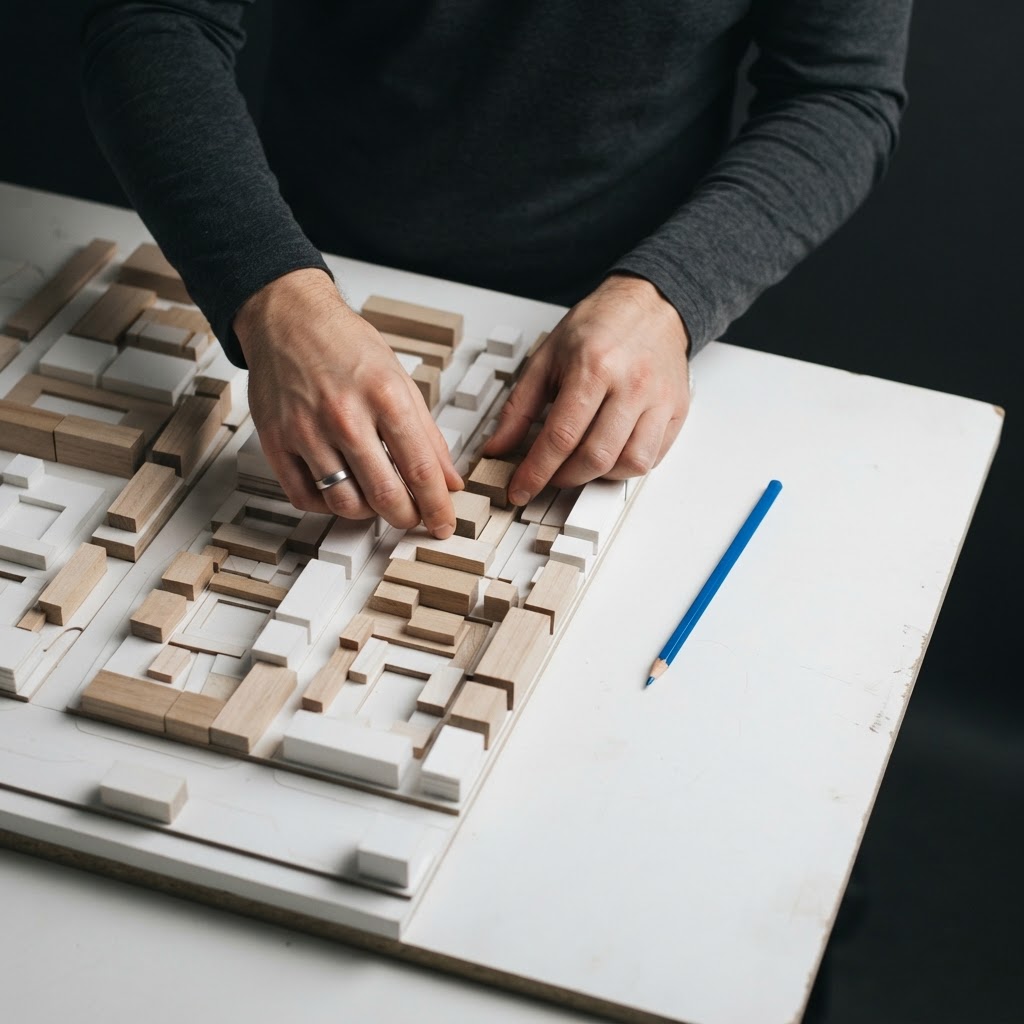 Hands arranging physical blocks to represent site architecture