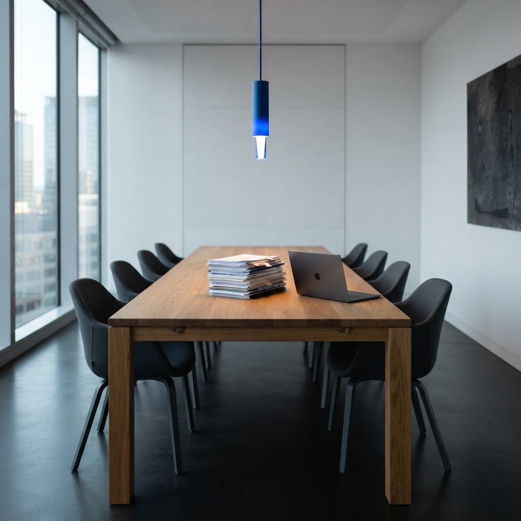 Minimalist meeting room with organized research materials