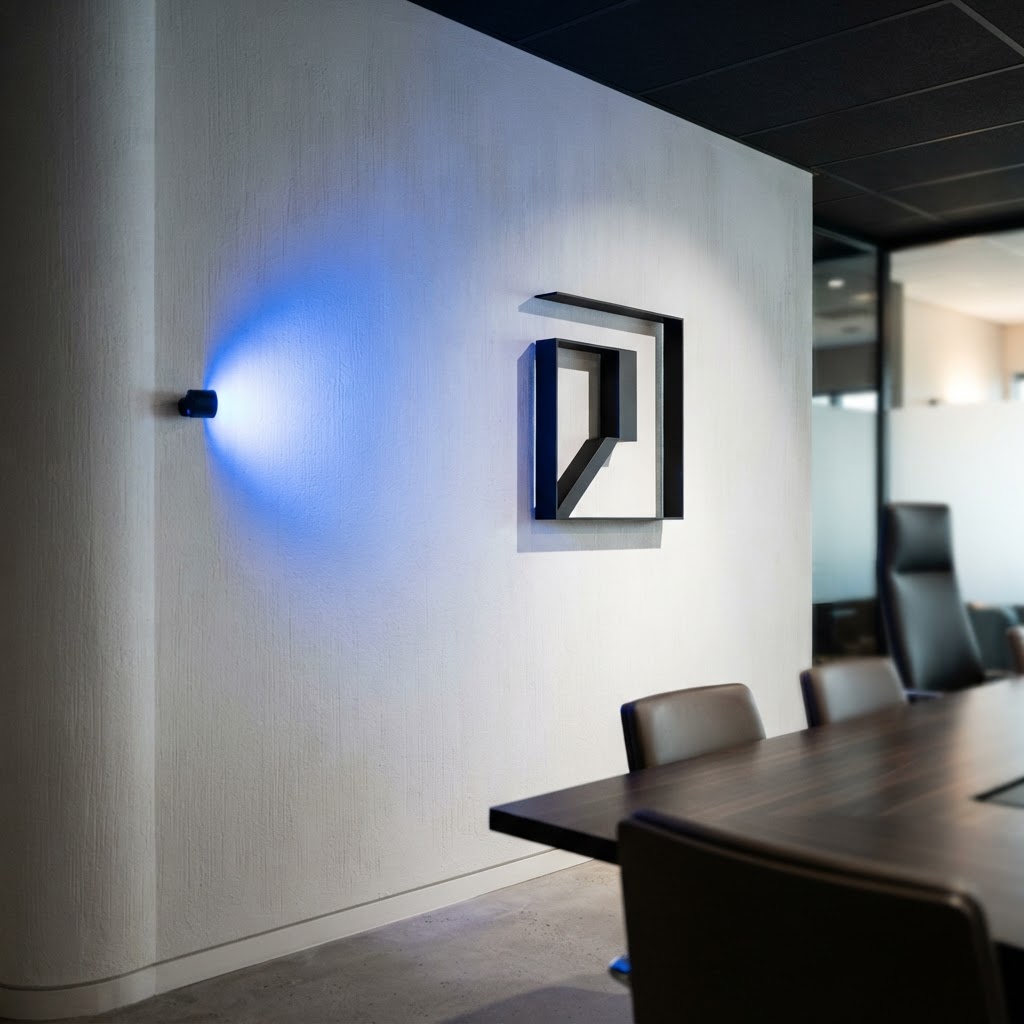 A clean boardroom wall with architectural structural elements and blue light