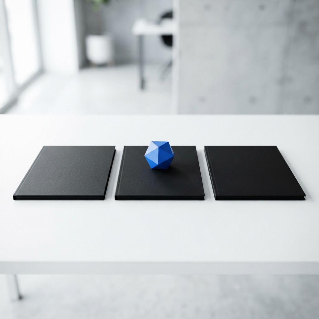 Three black folders arranged on a white surface with a blue accent