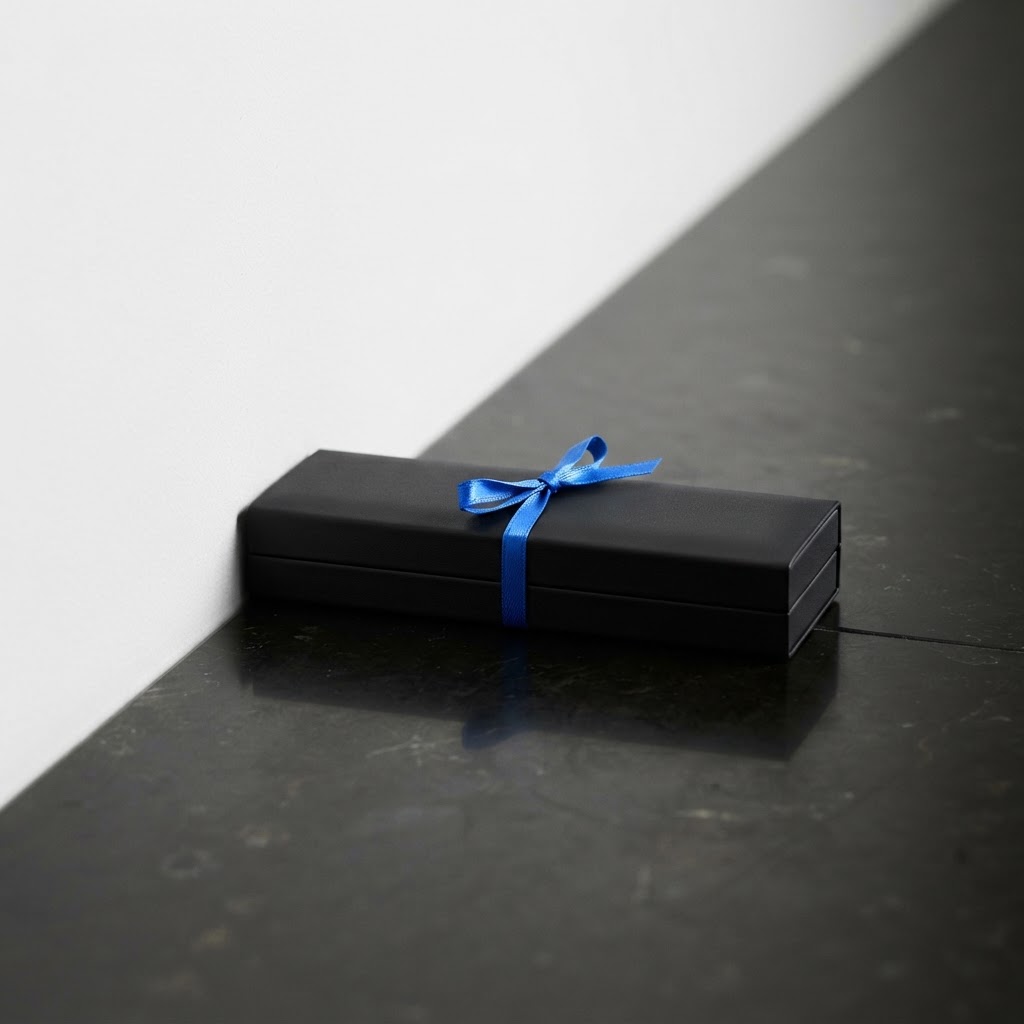 Close up of a black pen case on a white and black surface