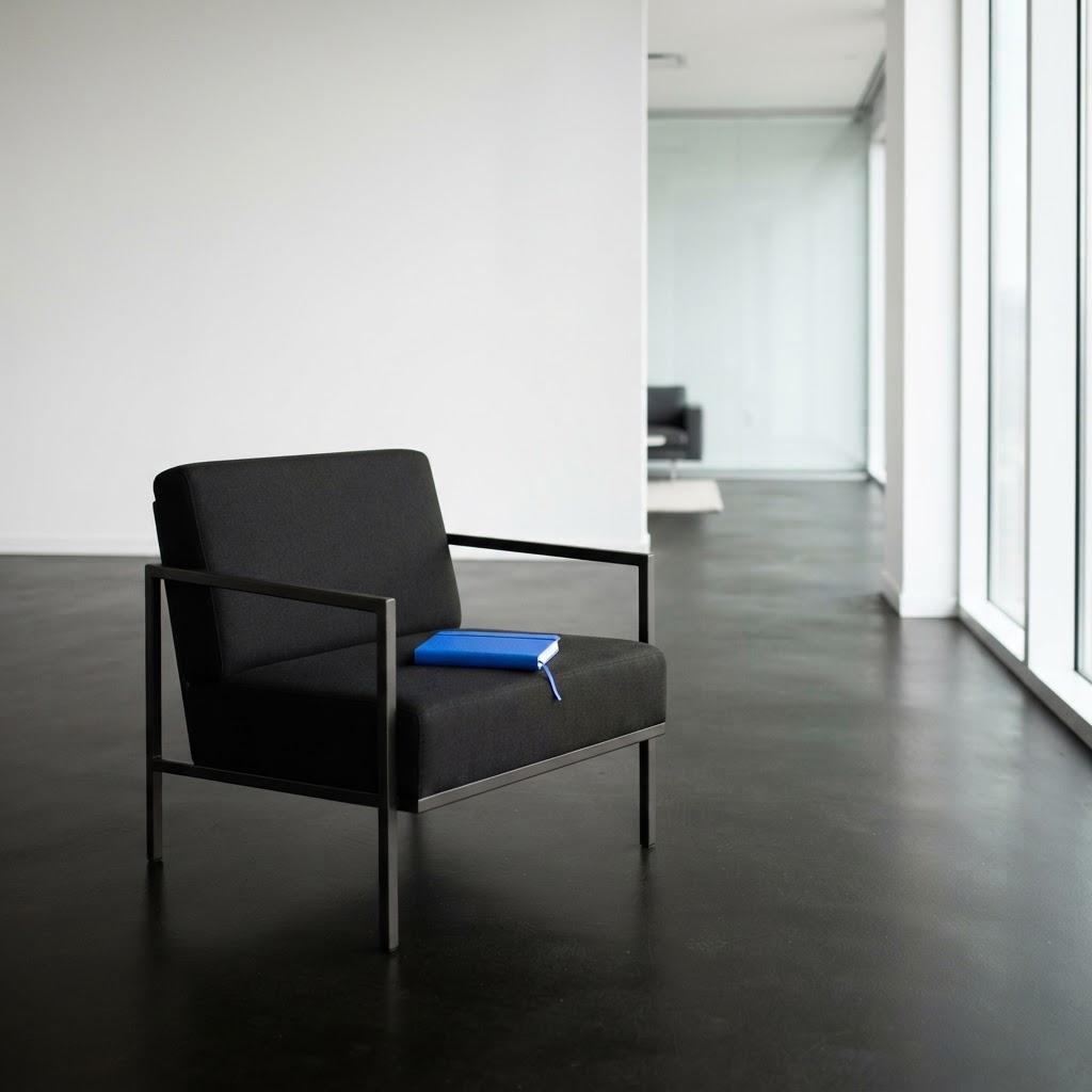 Minimalist office with a black chair and blue notebook