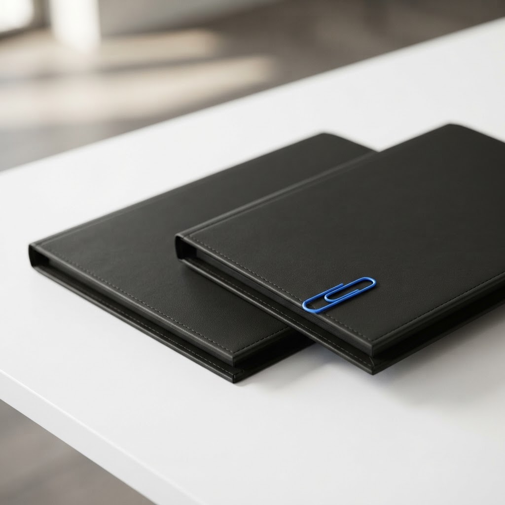 Two near black portfolios side by side on white desk