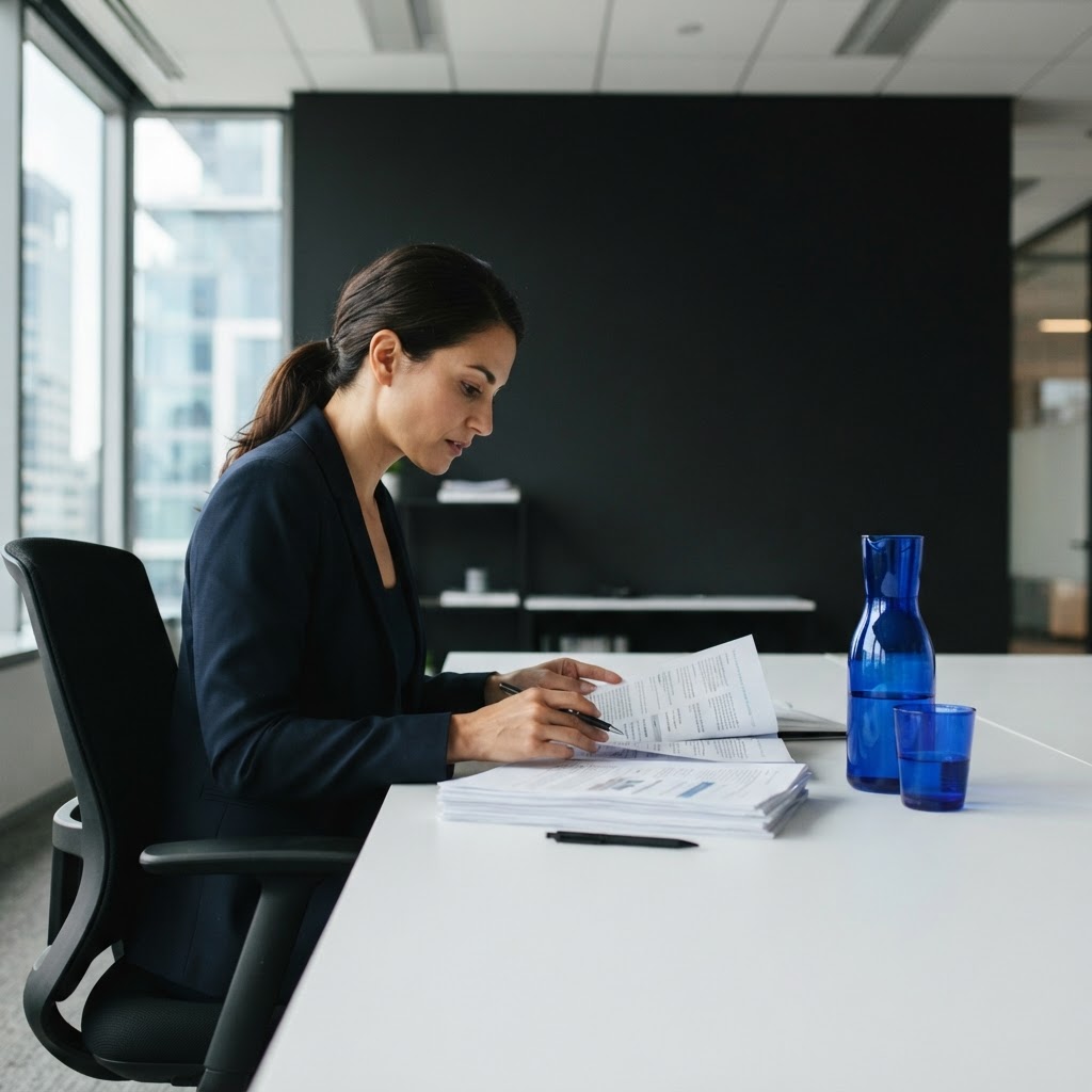 B2B SaaS executive reviewing physical marketing strategy documents