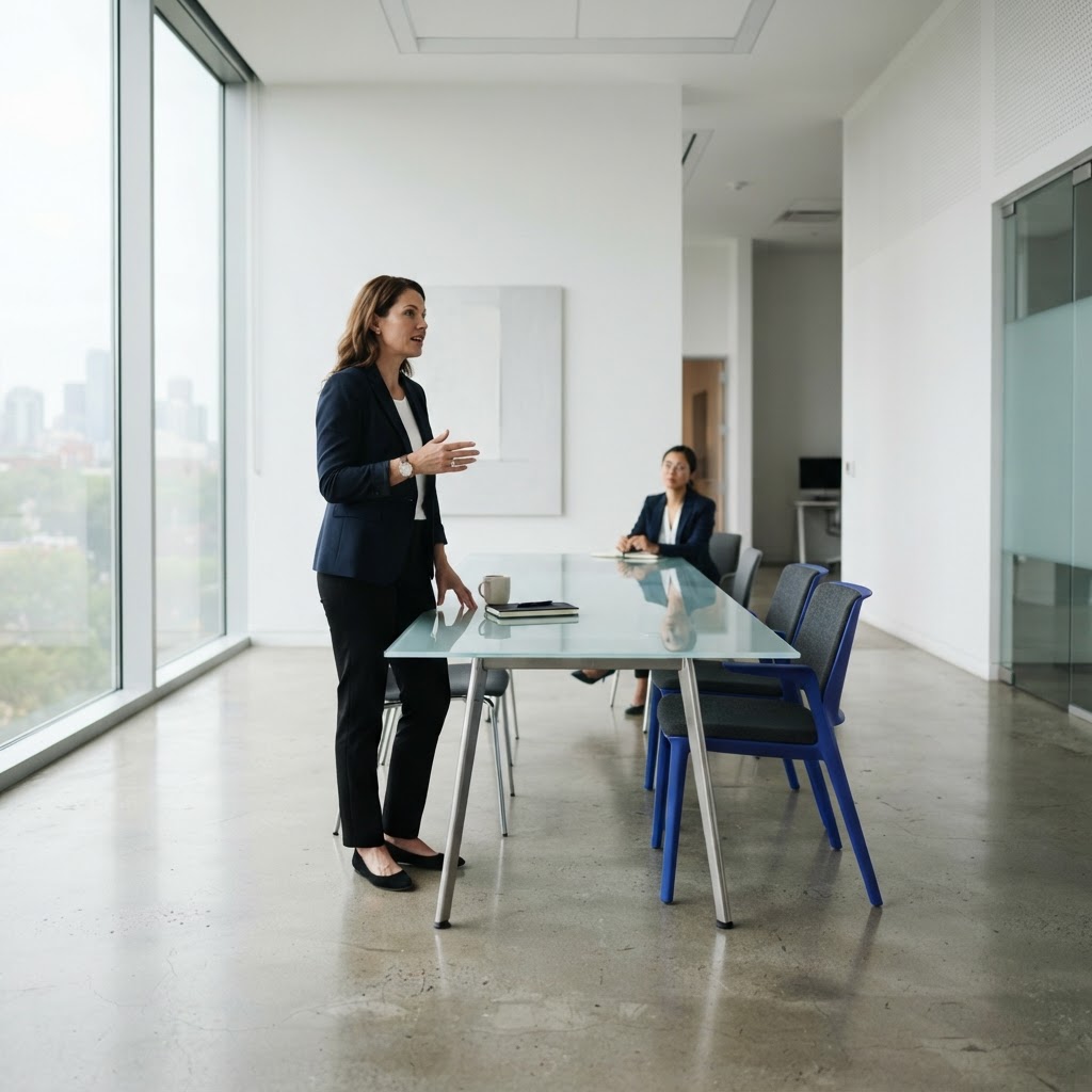 A person discussing strategy in a modern minimalist office