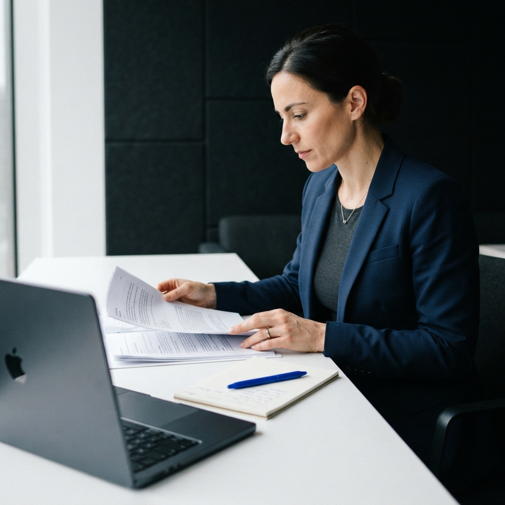 Professional strategist reviewing business documents at a clean desk