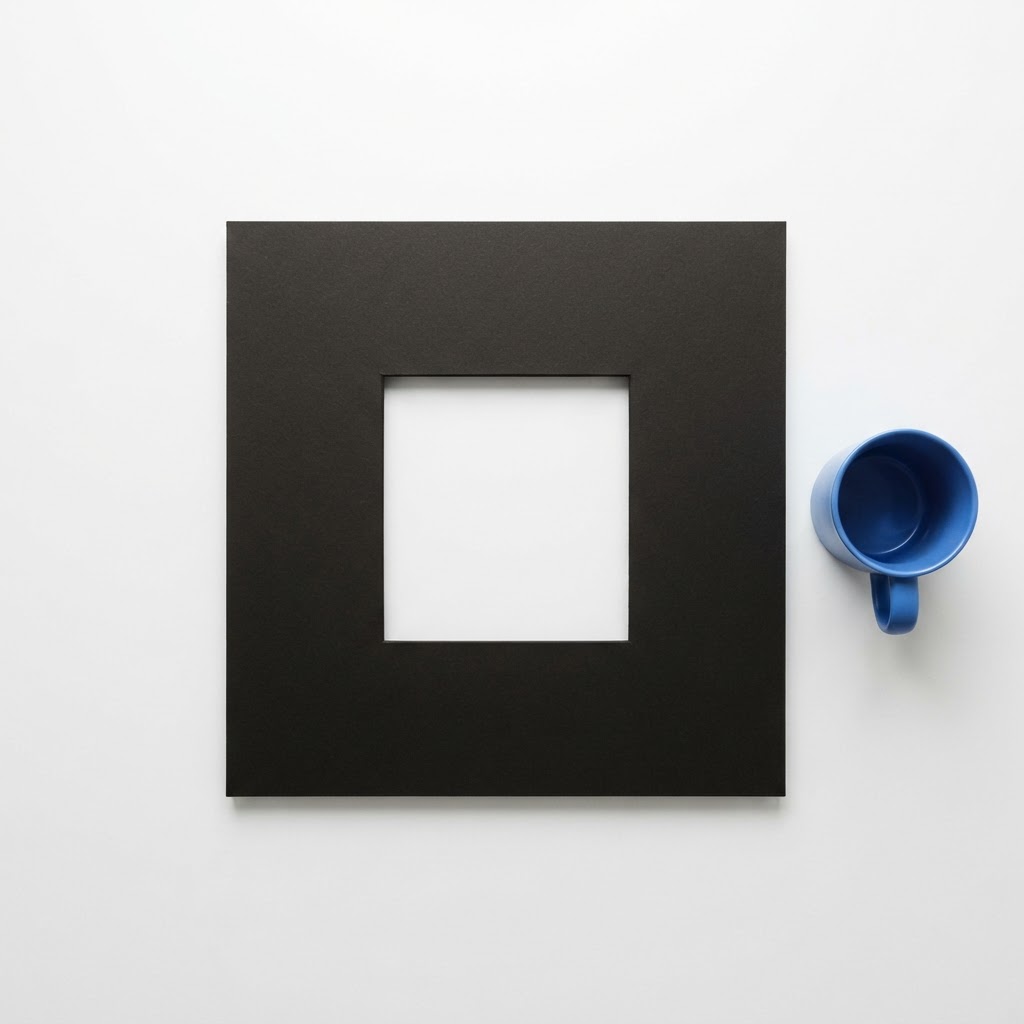 Aerial view of a presentation board and a single blue mug