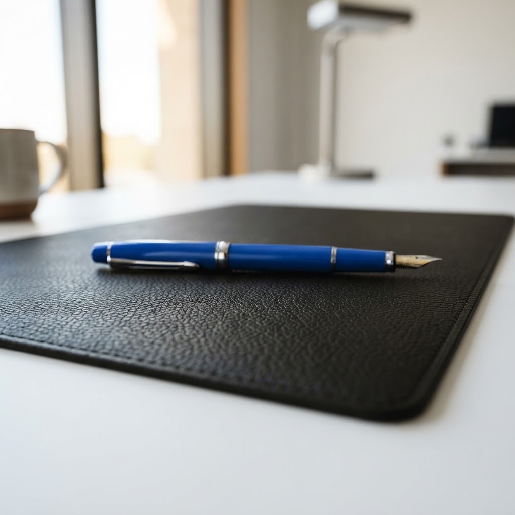 Close up of an electric blue pen on a leather desk mat