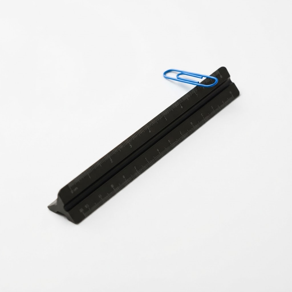 Professional studio shot of a ruler and single blue paperclip