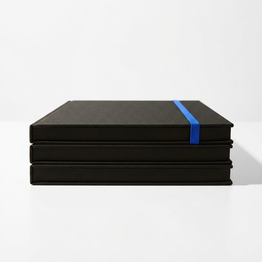 Stack of portfolios bound by a single blue elastic band