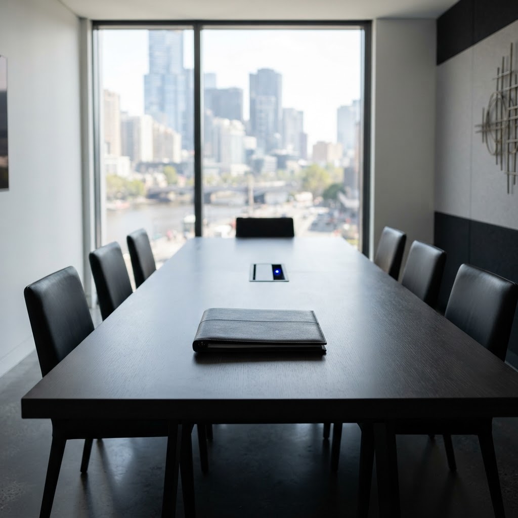 Minimalist boardroom setup for high level planning