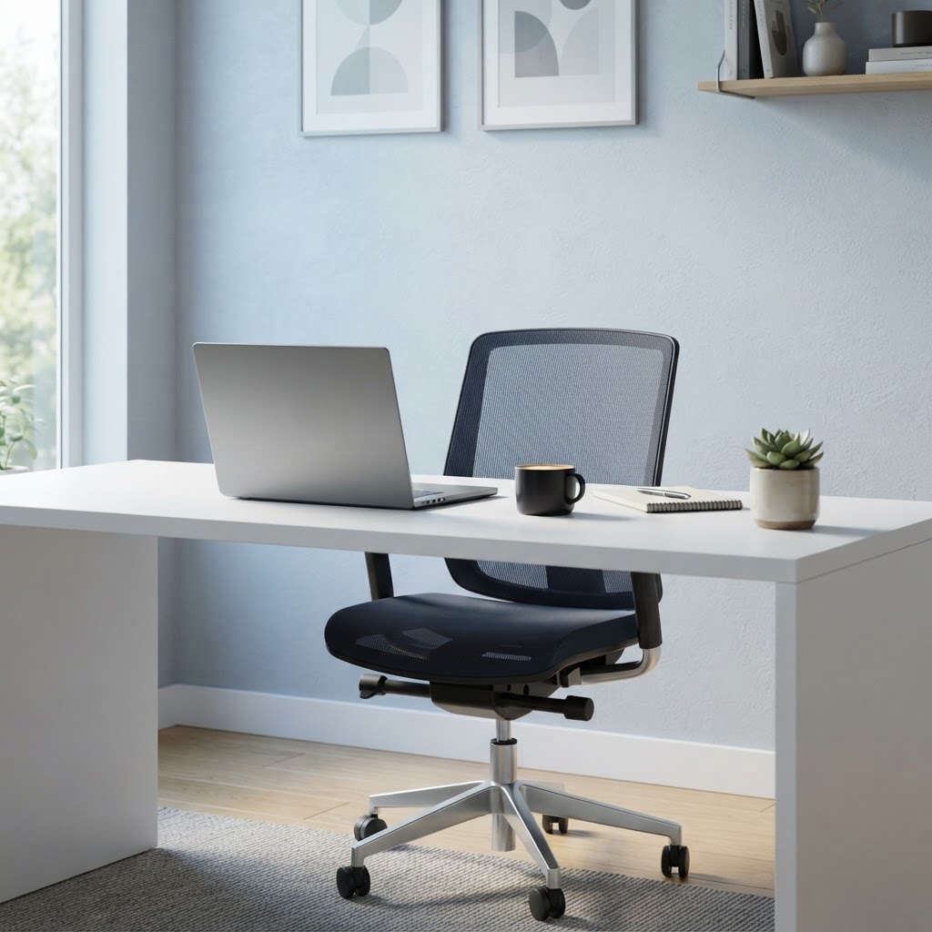 A clean minimalist office workspace with a white desk