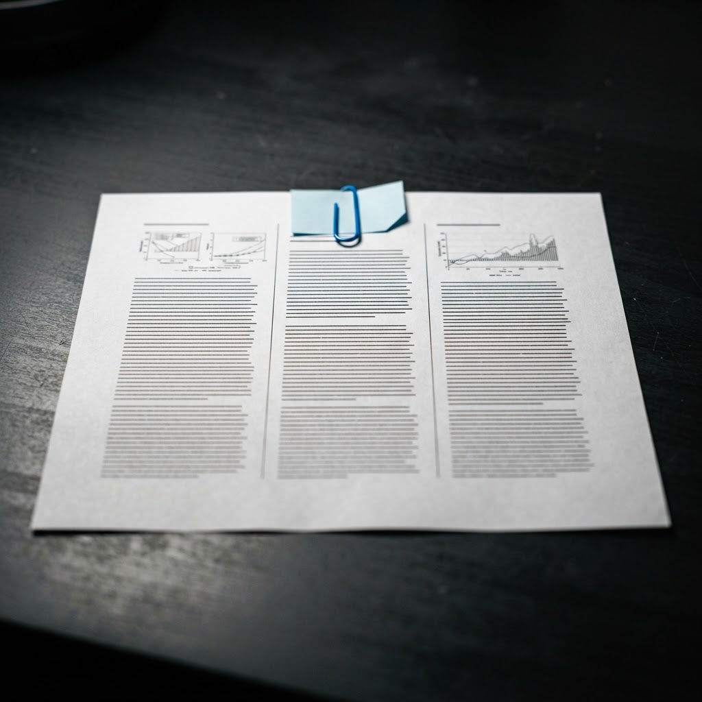 Close up of a document with three columns and a blue paperclip