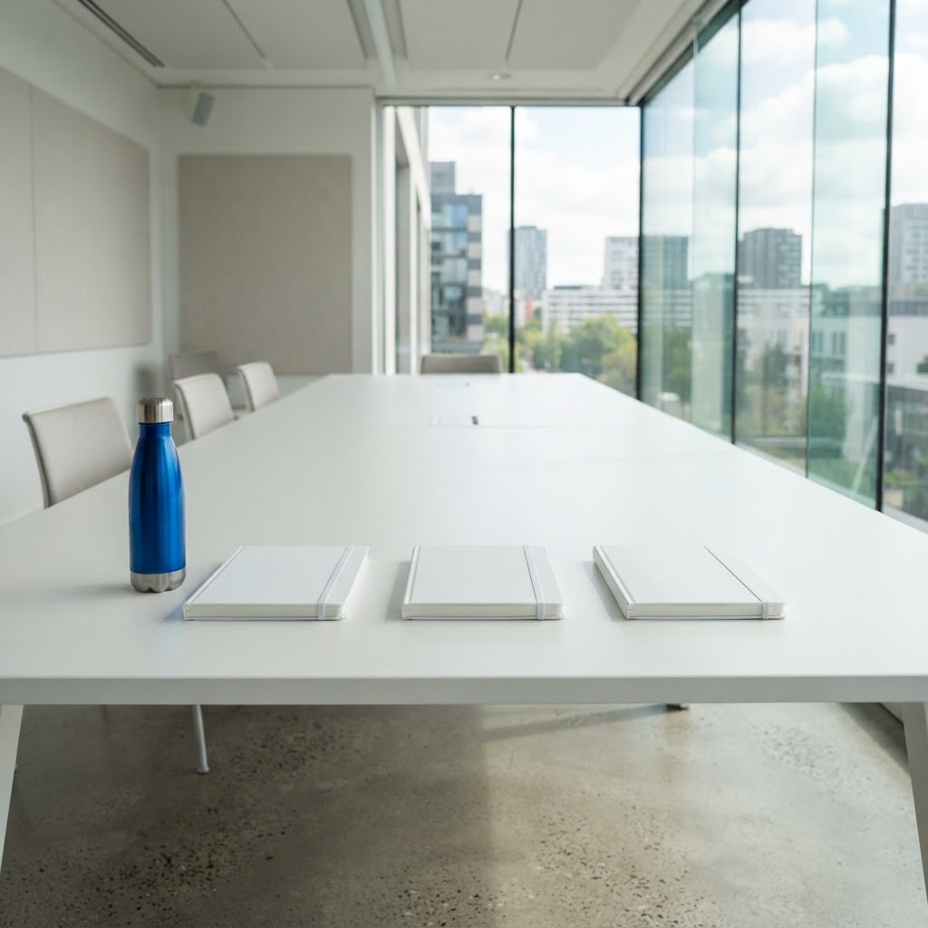 Empty notebooks arranged on a clean white meeting table