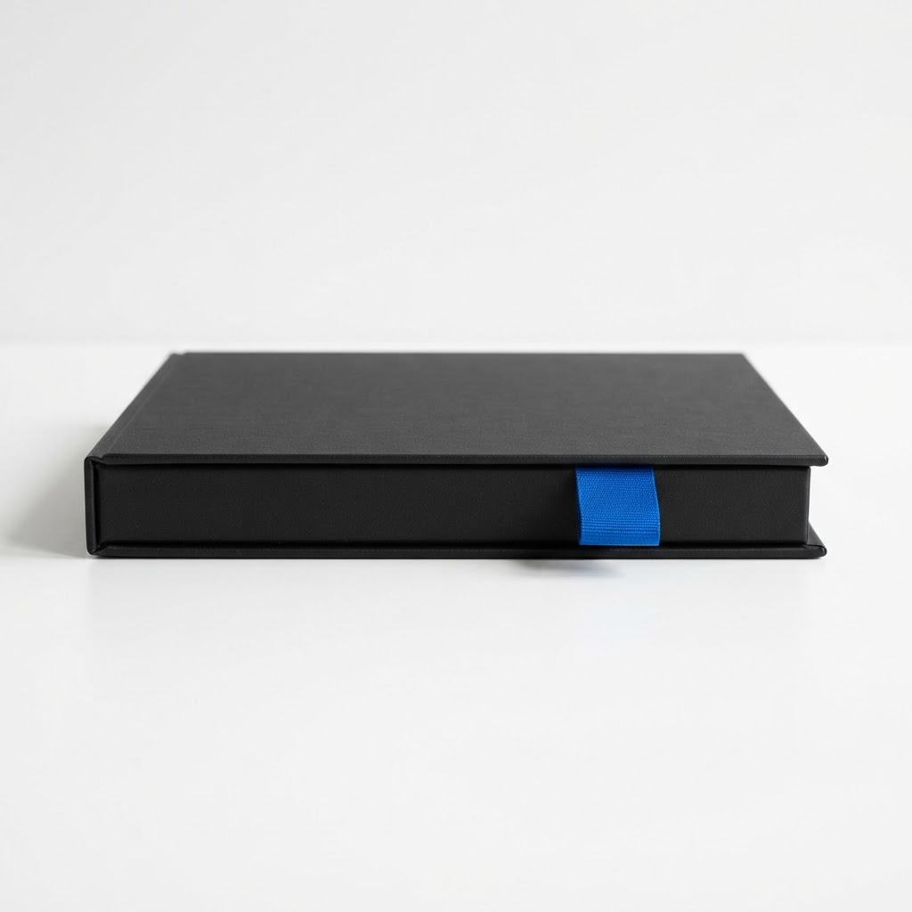 A closed architectural portfolio with a blue tab