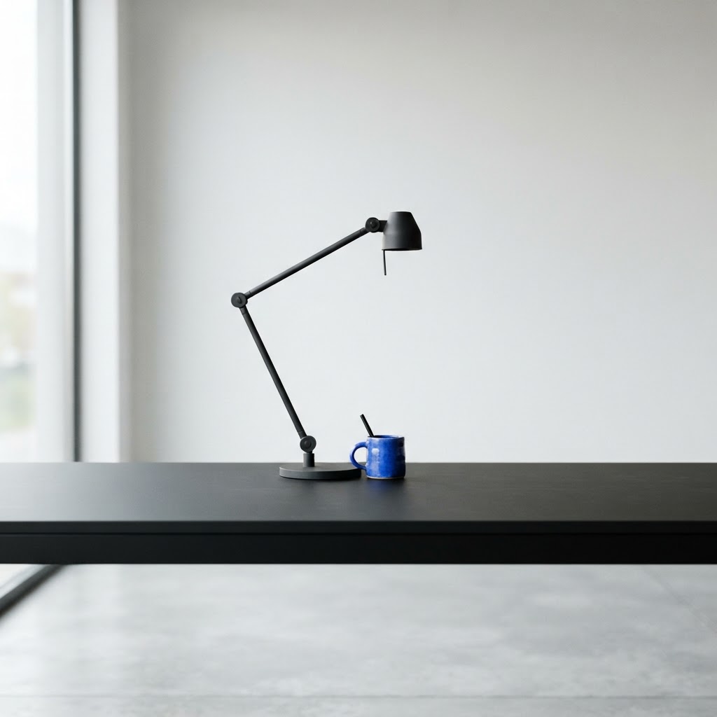 A minimalist workspace with a desk lamp and blue mug