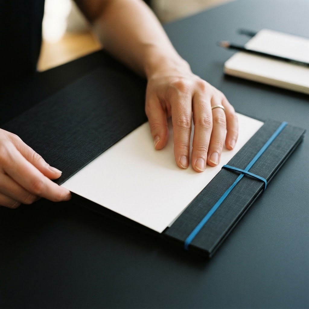 Hands placing a card into a folder