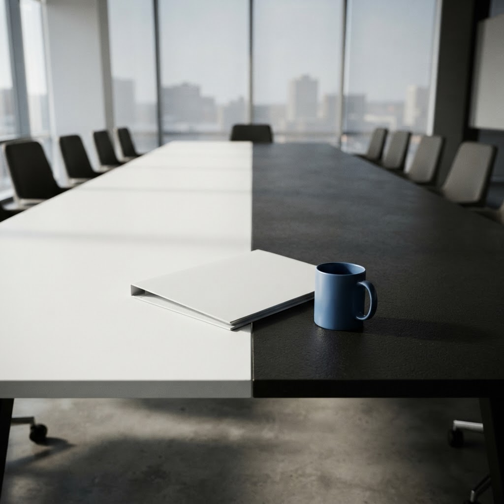 Clean white folder and electric blue mug on a meeting table