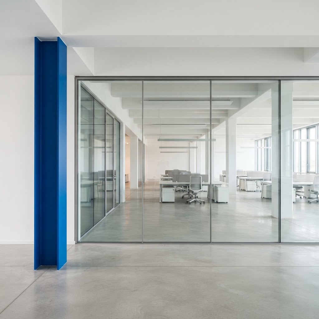 Minimalist office interior with electric blue support column