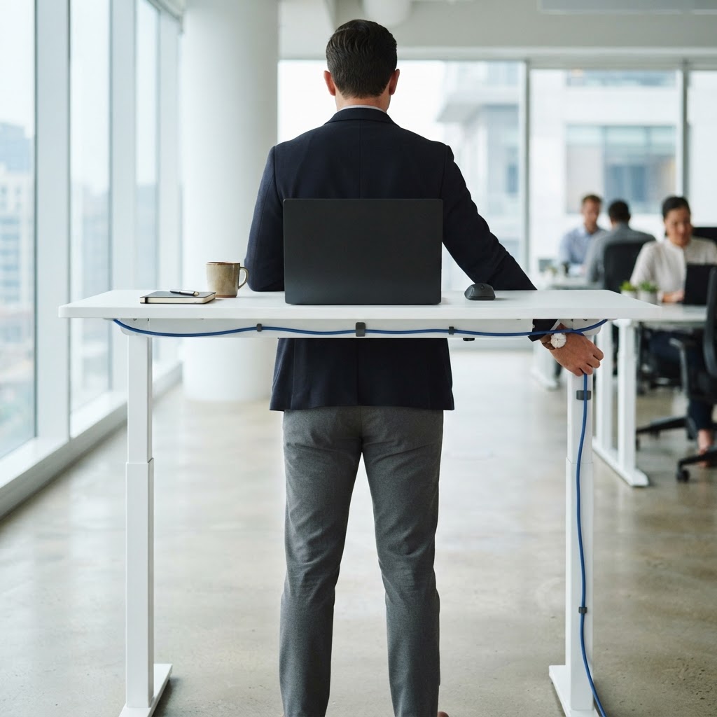 Person organizing a professional workspace at a clean white desk