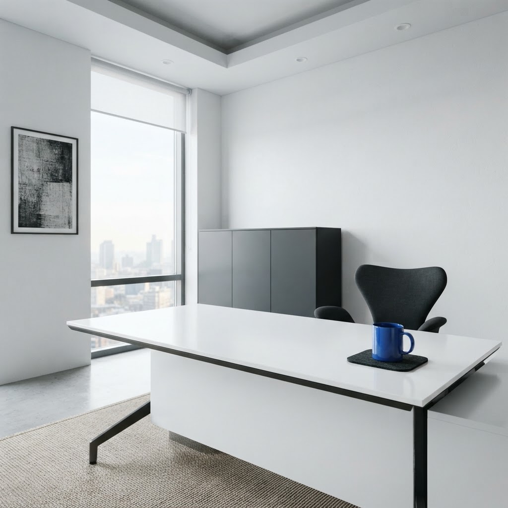Minimalist modern office space with a blue accent mug