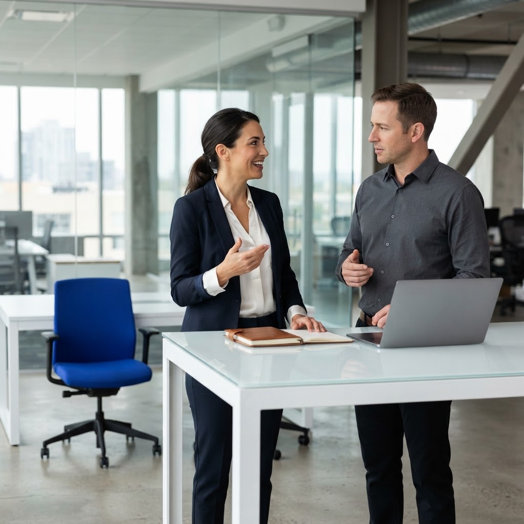 Two professionals collaborating in a modern minimal office