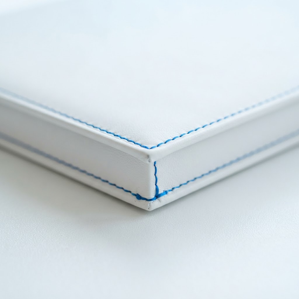 Detail of a white leather portfolio with electric blue stitching