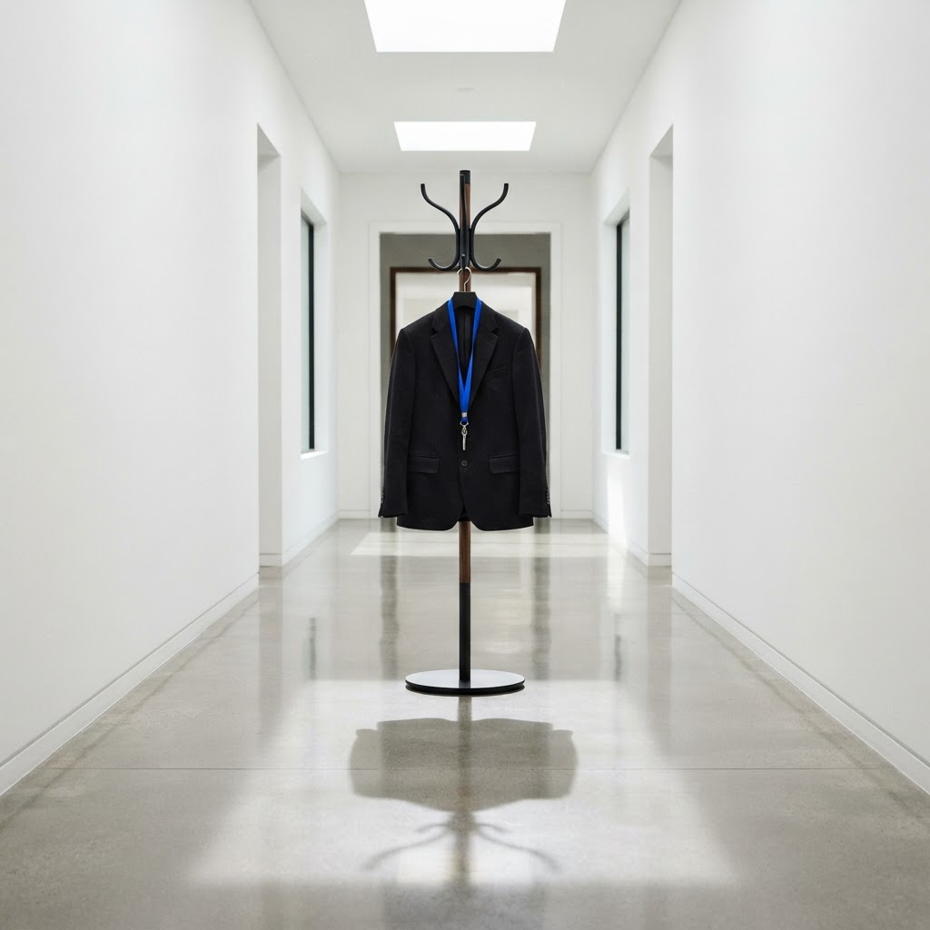 Modern office hallway with a minimalist coat rack and blazer