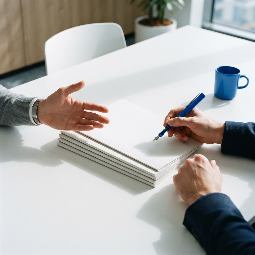 Two professionals collaborating over strategy documents on a clean white desk