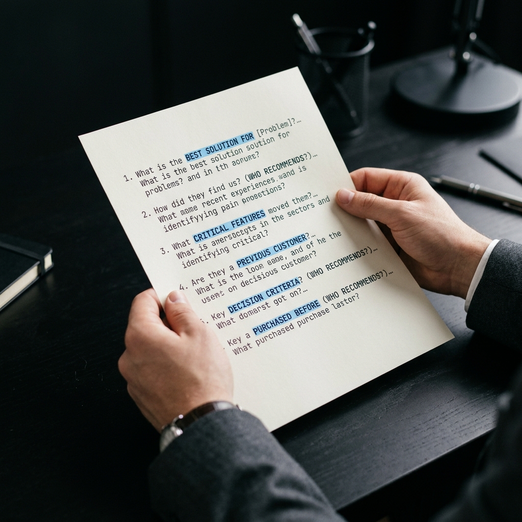 Hands analyzing buyer research questions for AI