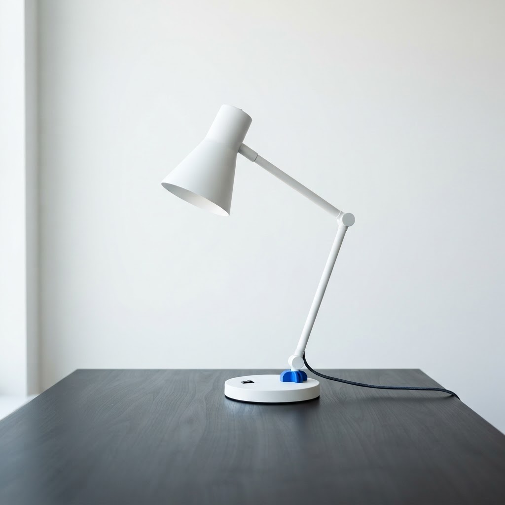 A minimalist desk lamp on a workspace