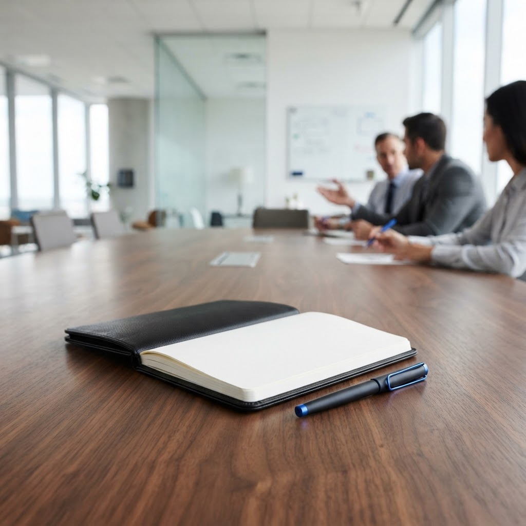 A notebook and pen on a conference table representing strategic planning