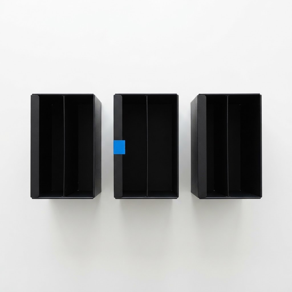 Three organized document holders on a white desk with a blue tab
