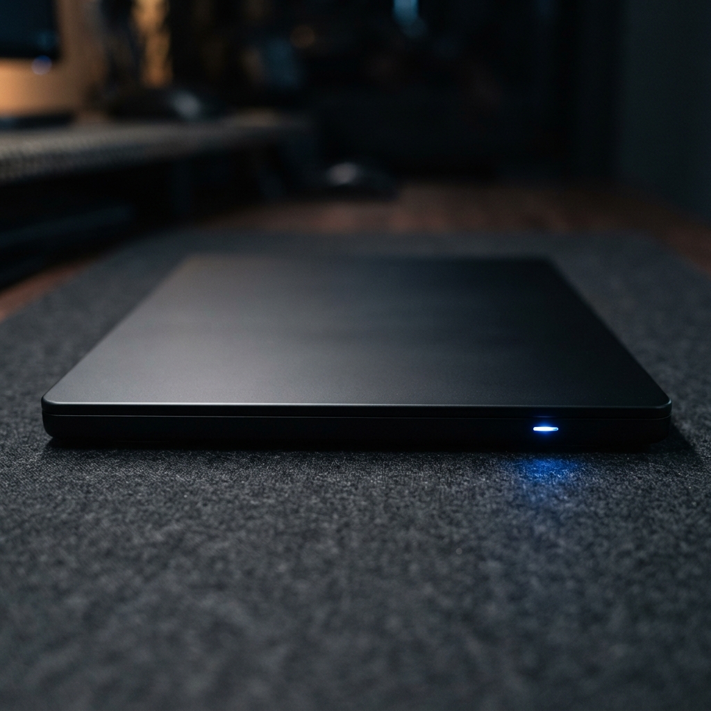 A closed modern laptop on a dark desk