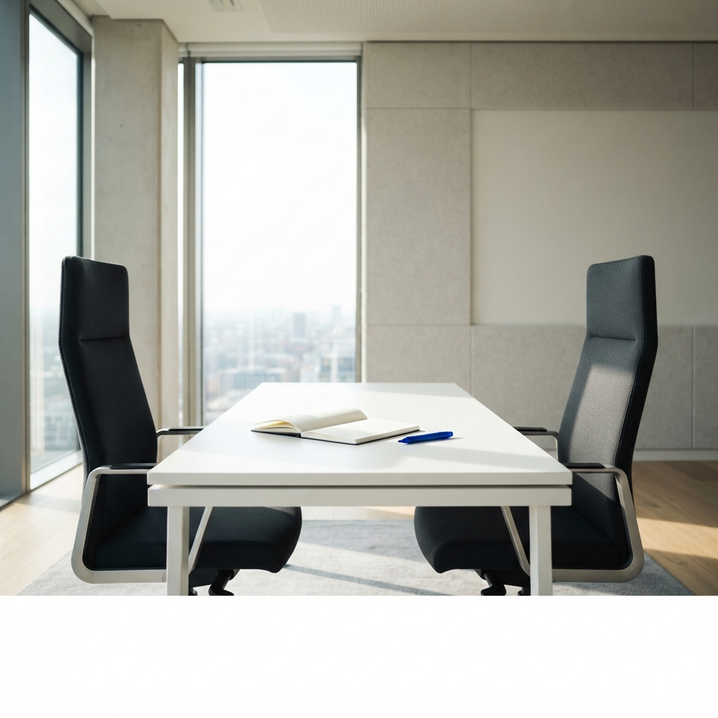 An empty meeting table with a notebook and pen